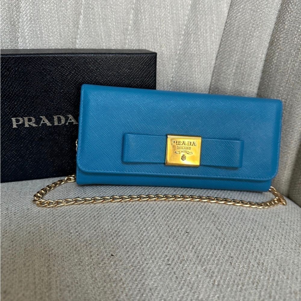 PRADA Blue Bow Saffiano Leather Wallet on Chain